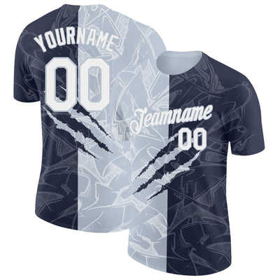 Custom Graffiti Pattern White Navy-Silver Scratch 3D Performance T-Shirt