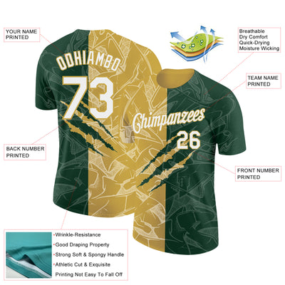 Custom Graffiti Pattern White Green-Old Gold Scratch 3D Performance T-Shirt