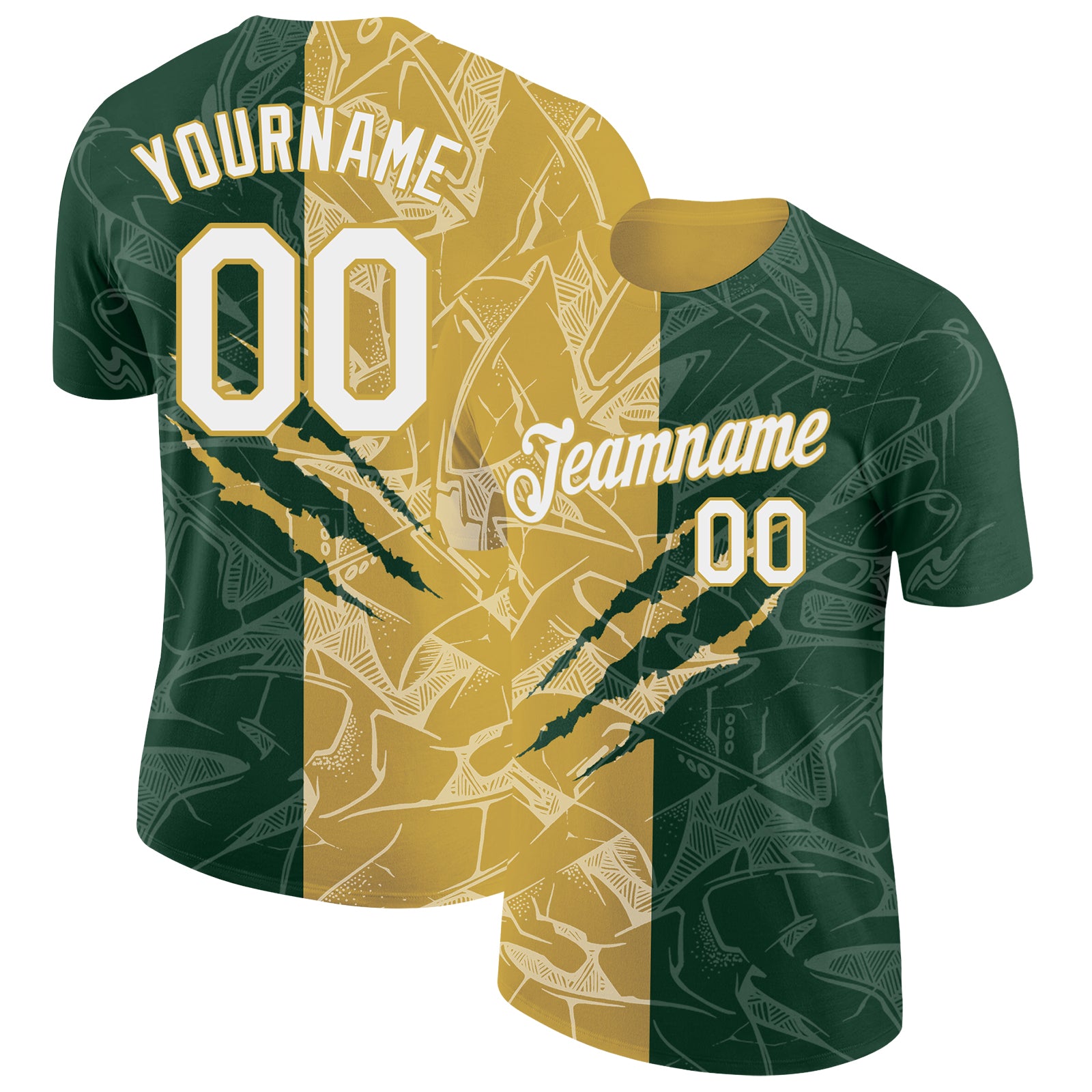 Custom Graffiti Pattern White Green-Old Gold Scratch 3D Performance T-Shirt