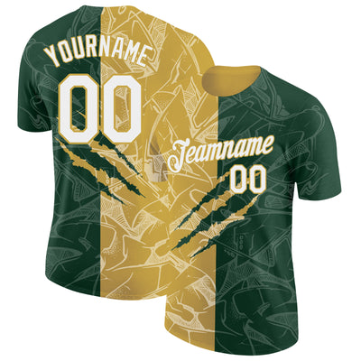 Custom Graffiti Pattern White Green-Old Gold Scratch 3D Performance T-Shirt