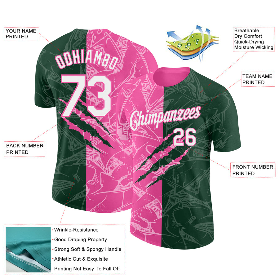 Custom Graffiti Pattern White Green-Pink Scratch 3D Performance T-Shirt