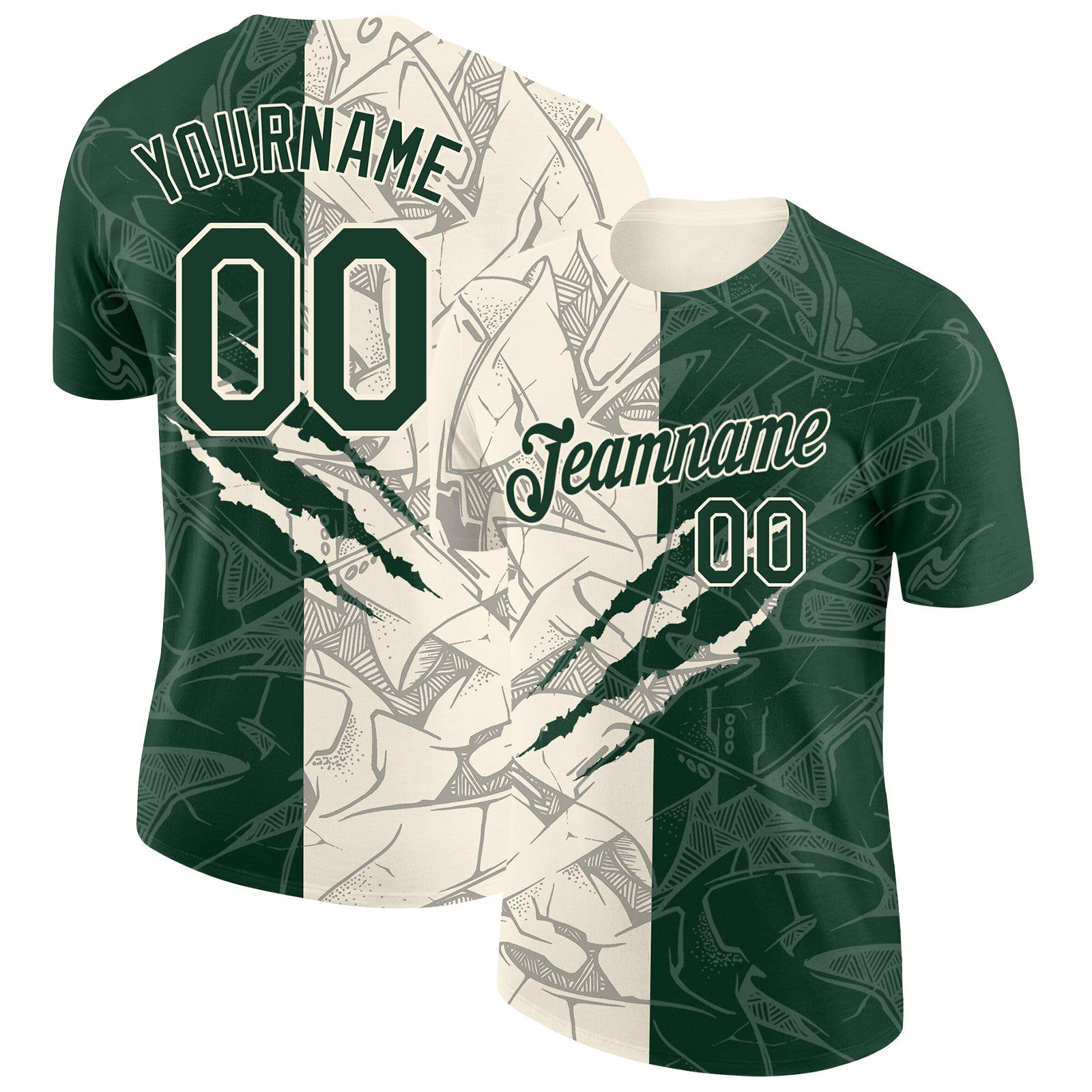 Custom Graffiti Pattern Green-Cream Scratch 3D Performance T-Shirt