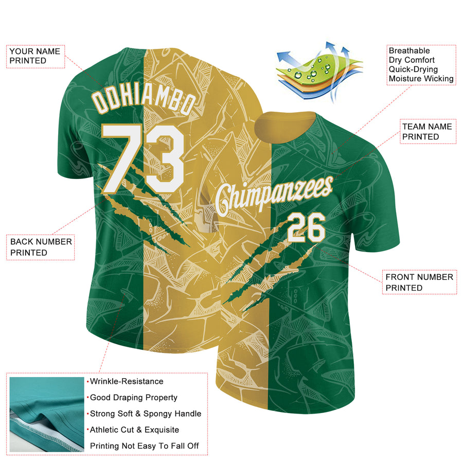 Custom Graffiti Pattern White Kelly Green-Old Gold Scratch 3D Performance T-Shirt