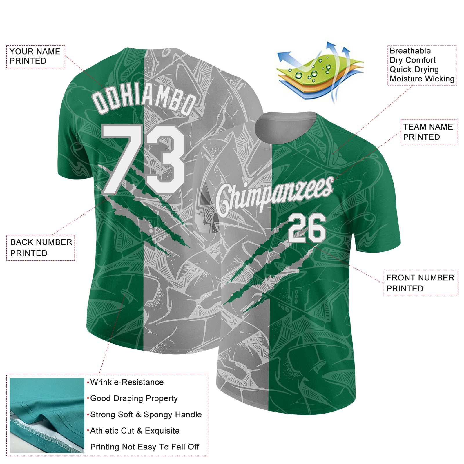 Custom Graffiti Pattern White Kelly Green-Gray Scratch 3D Performance T-Shirt