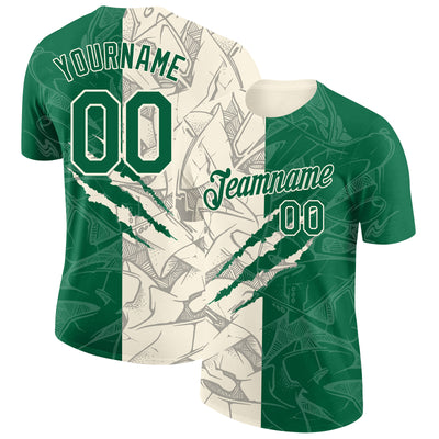 Custom Graffiti Pattern Kelly Green-Cream Scratch 3D Performance T-Shirt