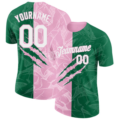 Custom Graffiti Pattern White Kelly Green-Light Pink Scratch 3D Performance T-Shirt