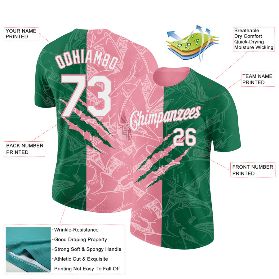 Custom Graffiti Pattern White Kelly Green-Medium Pink Scratch 3D Performance T-Shirt