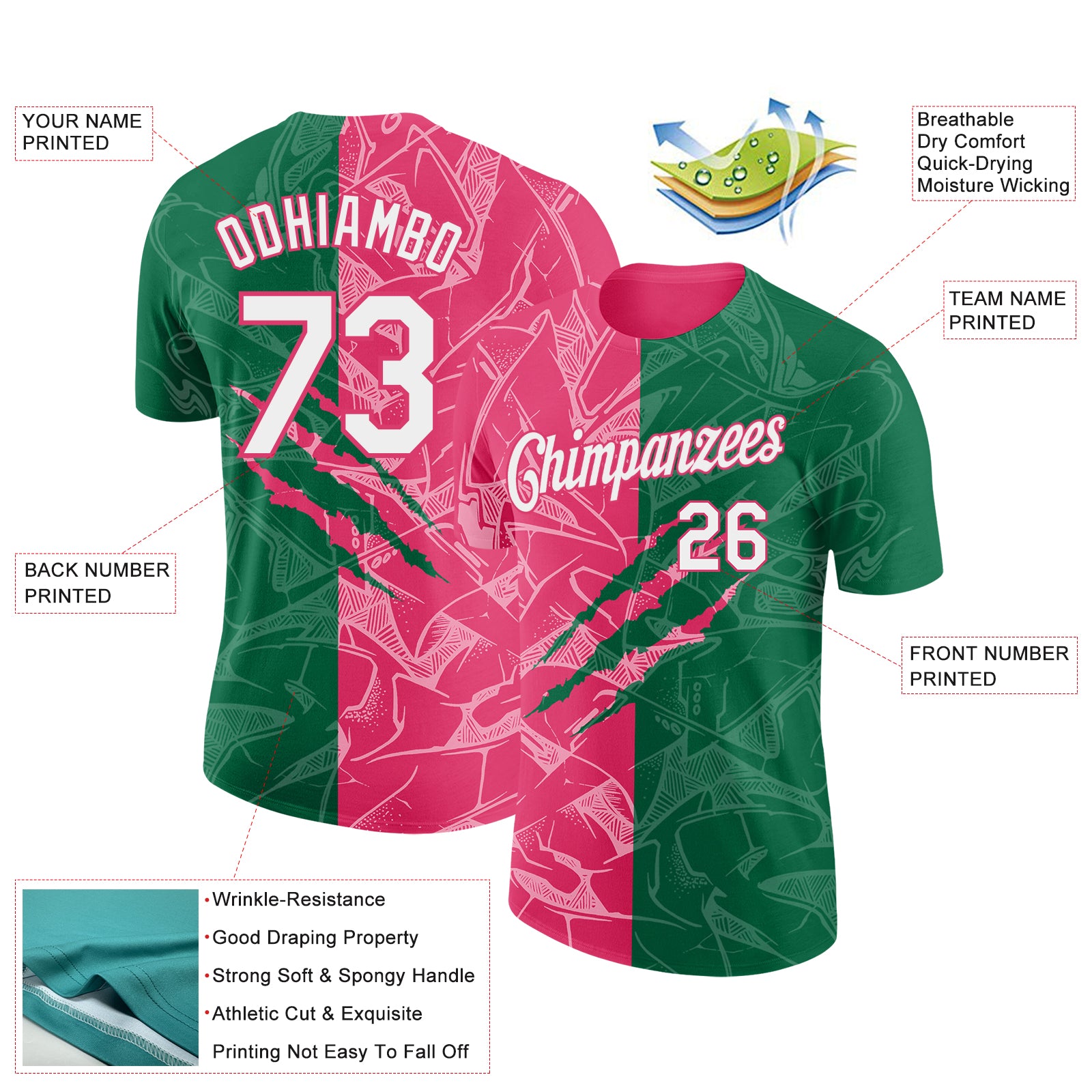 Custom Graffiti Pattern White Kelly Green-Neon Pink Scratch 3D Performance T-Shirt