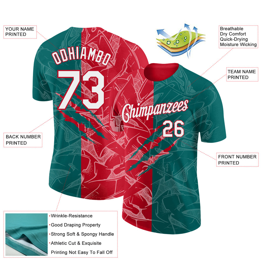 Custom Graffiti Pattern White Teal-Red Scratch 3D Performance T-Shirt
