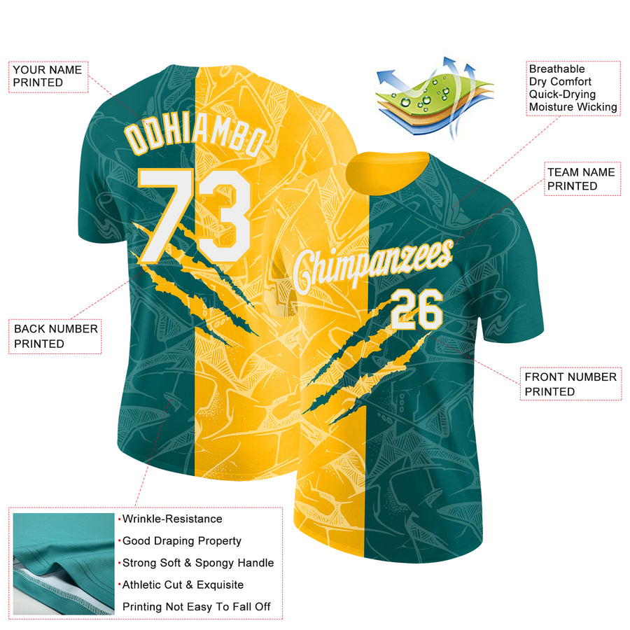 Custom Graffiti Pattern White Teal-Gold Scratch 3D Performance T-Shirt