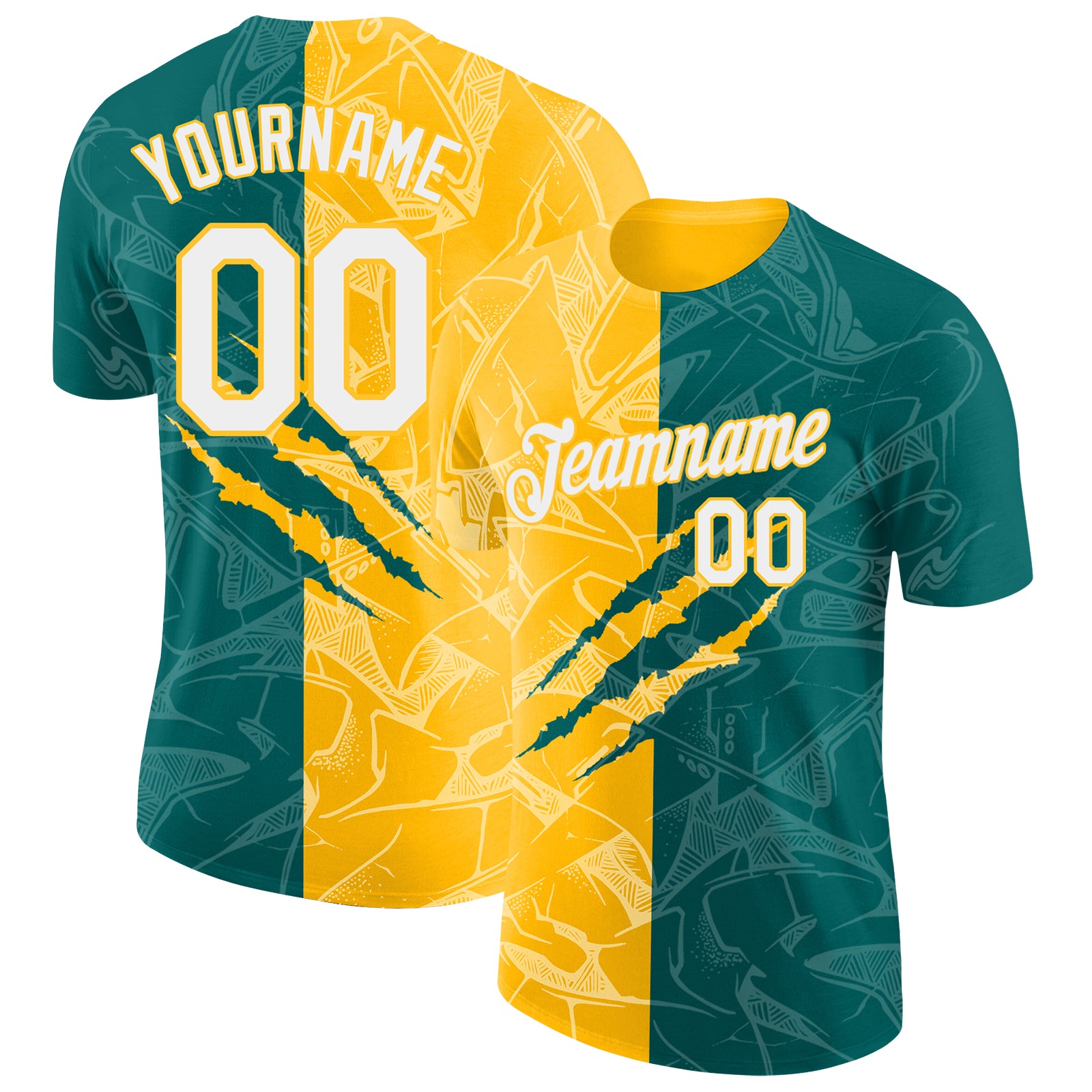 Custom Graffiti Pattern White Teal-Gold Scratch 3D Performance T-Shirt