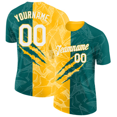 Custom Graffiti Pattern White Teal-Gold Scratch 3D Performance T-Shirt