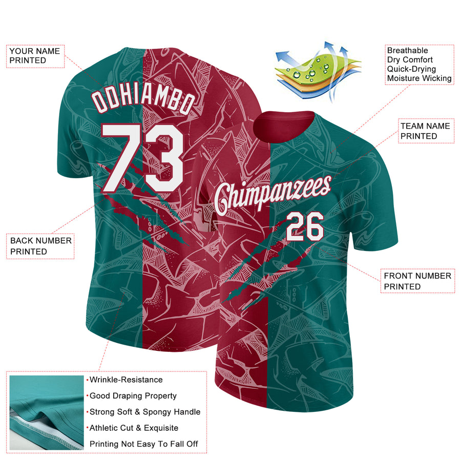 Custom Graffiti Pattern White Teal-Crimson Scratch 3D Performance T-Shirt