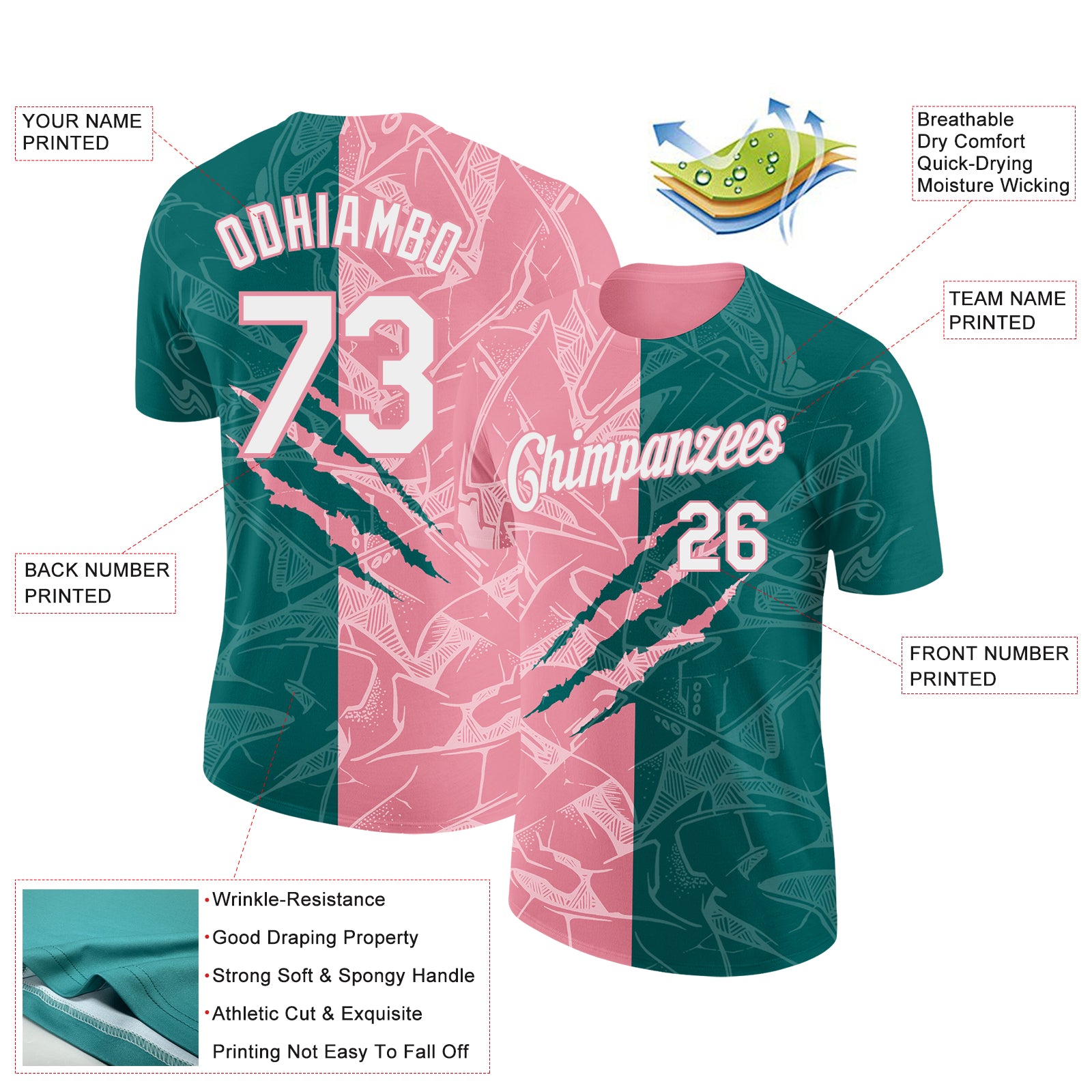 Custom Graffiti Pattern White Teal-Medium Pink Scratch 3D Performance T-Shirt