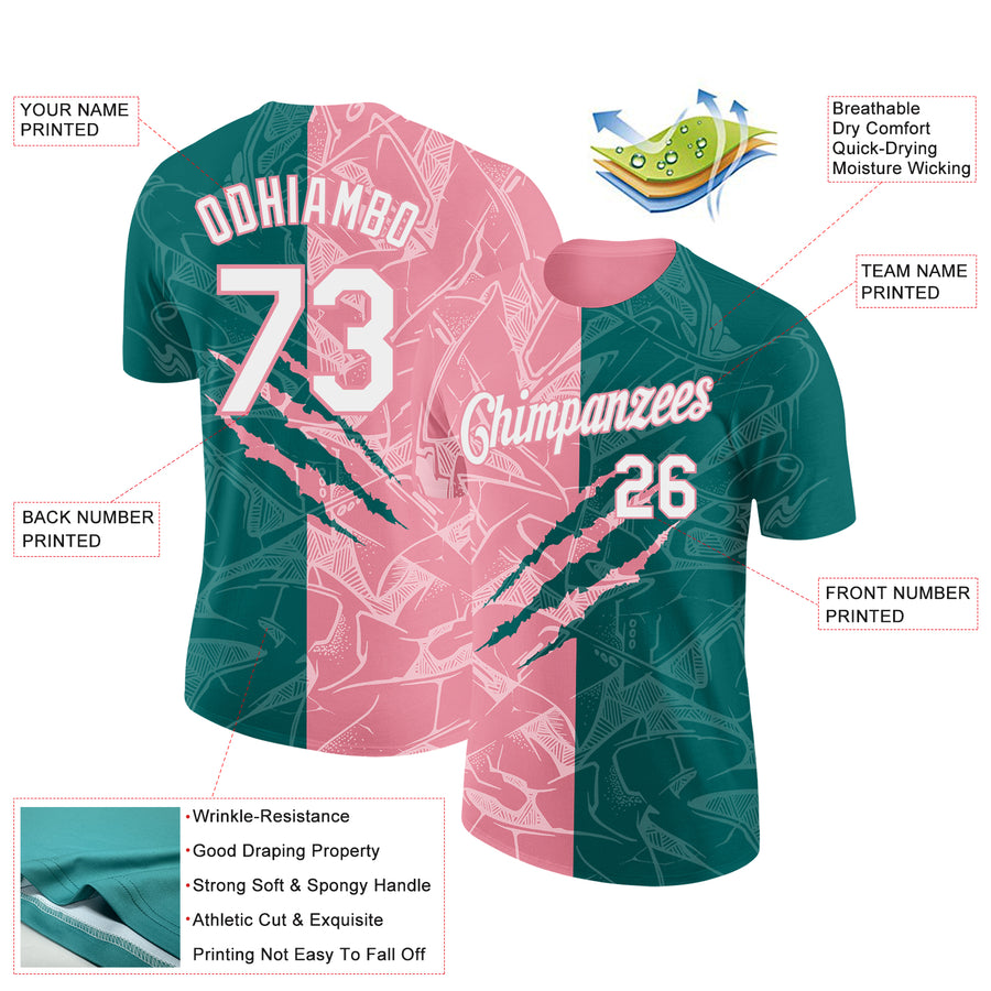 Custom Graffiti Pattern White Teal-Medium Pink Scratch 3D Performance T-Shirt