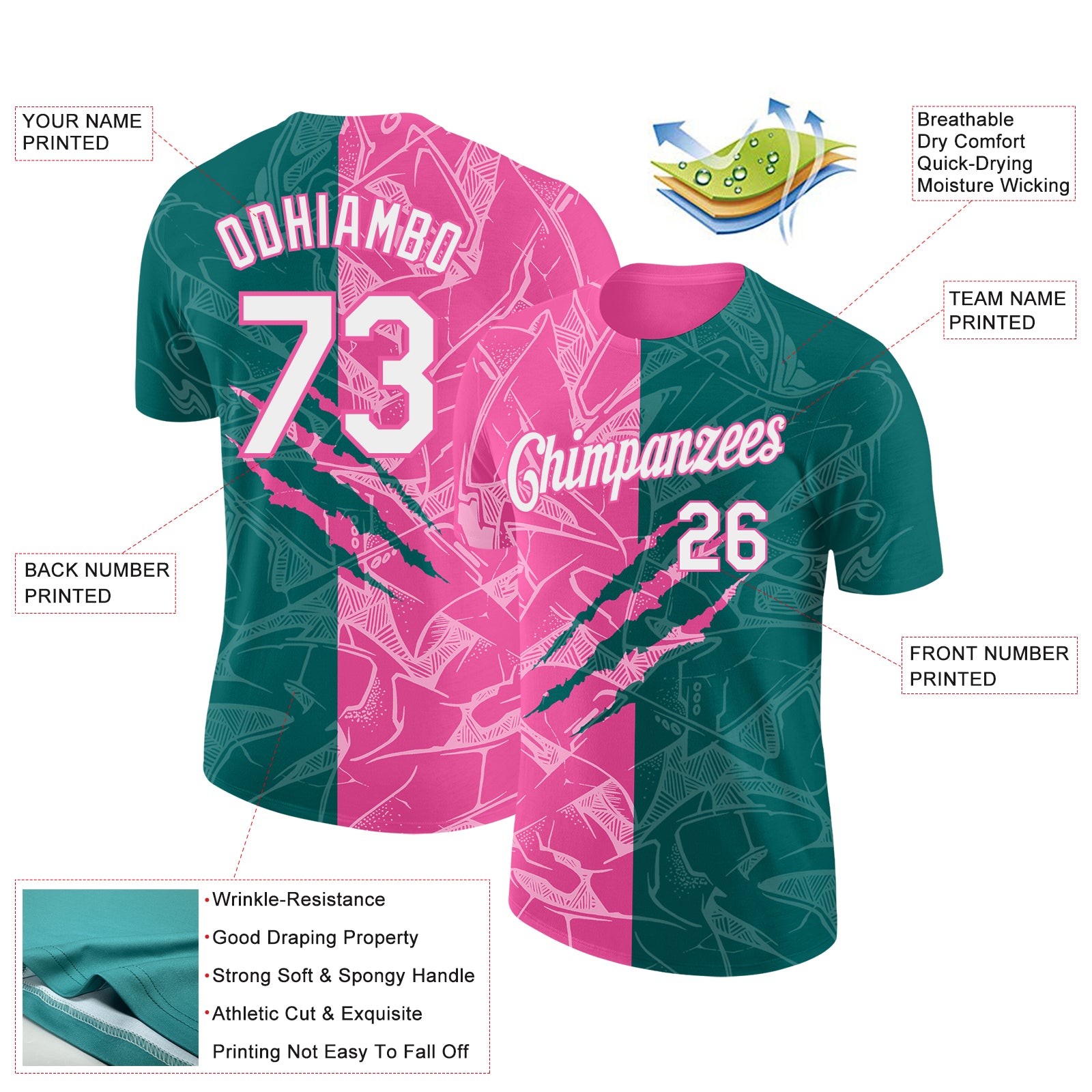 Custom Graffiti Pattern White Teal-Pink Scratch 3D Performance T-Shirt