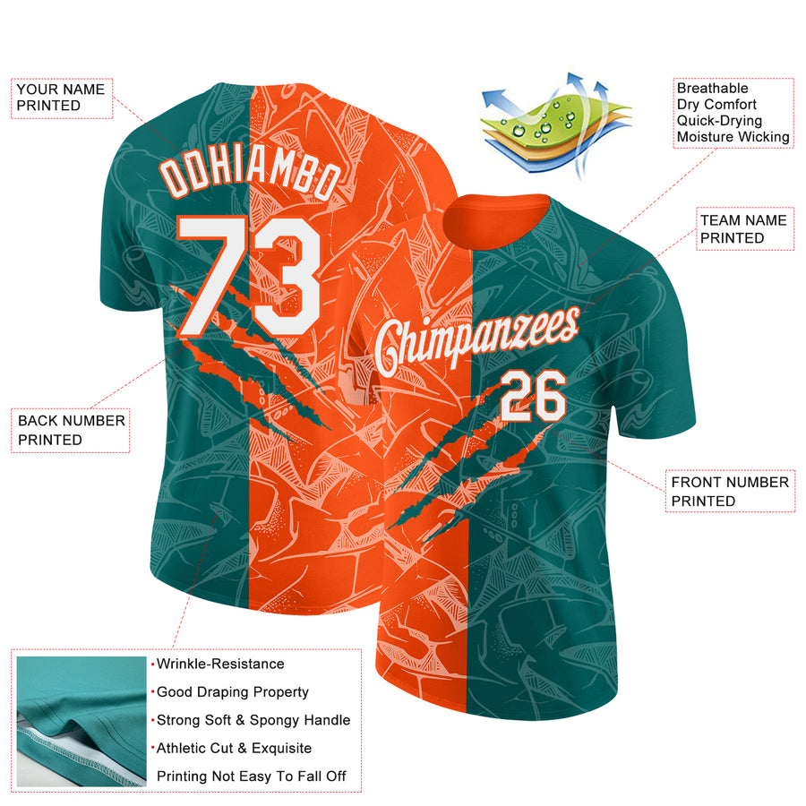 Custom Graffiti Pattern White Teal-Orange Scratch 3D Performance T-Shirt