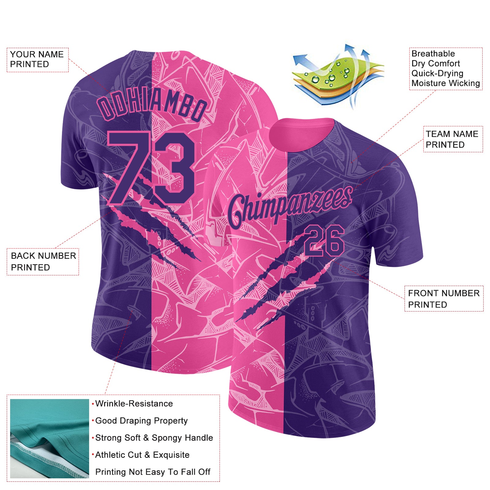 Custom Graffiti Pattern Purple-Pink Scratch 3D Performance T-Shirt