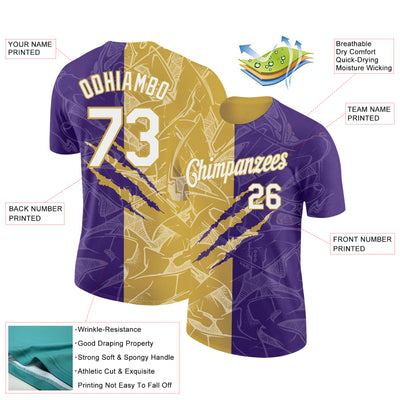 Custom Graffiti Pattern White Purple-Old Gold Scratch 3D Performance T-Shirt