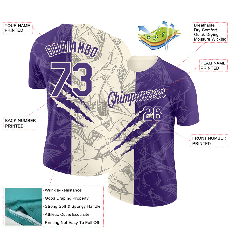 Custom Graffiti Pattern Purple-Cream Scratch 3D Performance T-Shirt