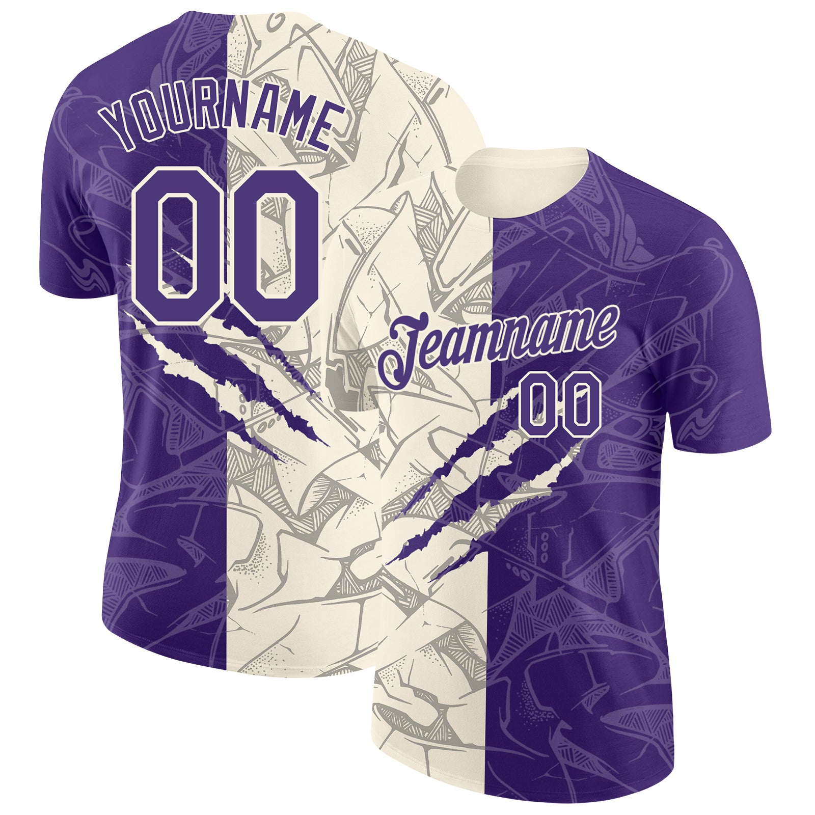 Custom Graffiti Pattern Purple-Cream Scratch 3D Performance T-Shirt