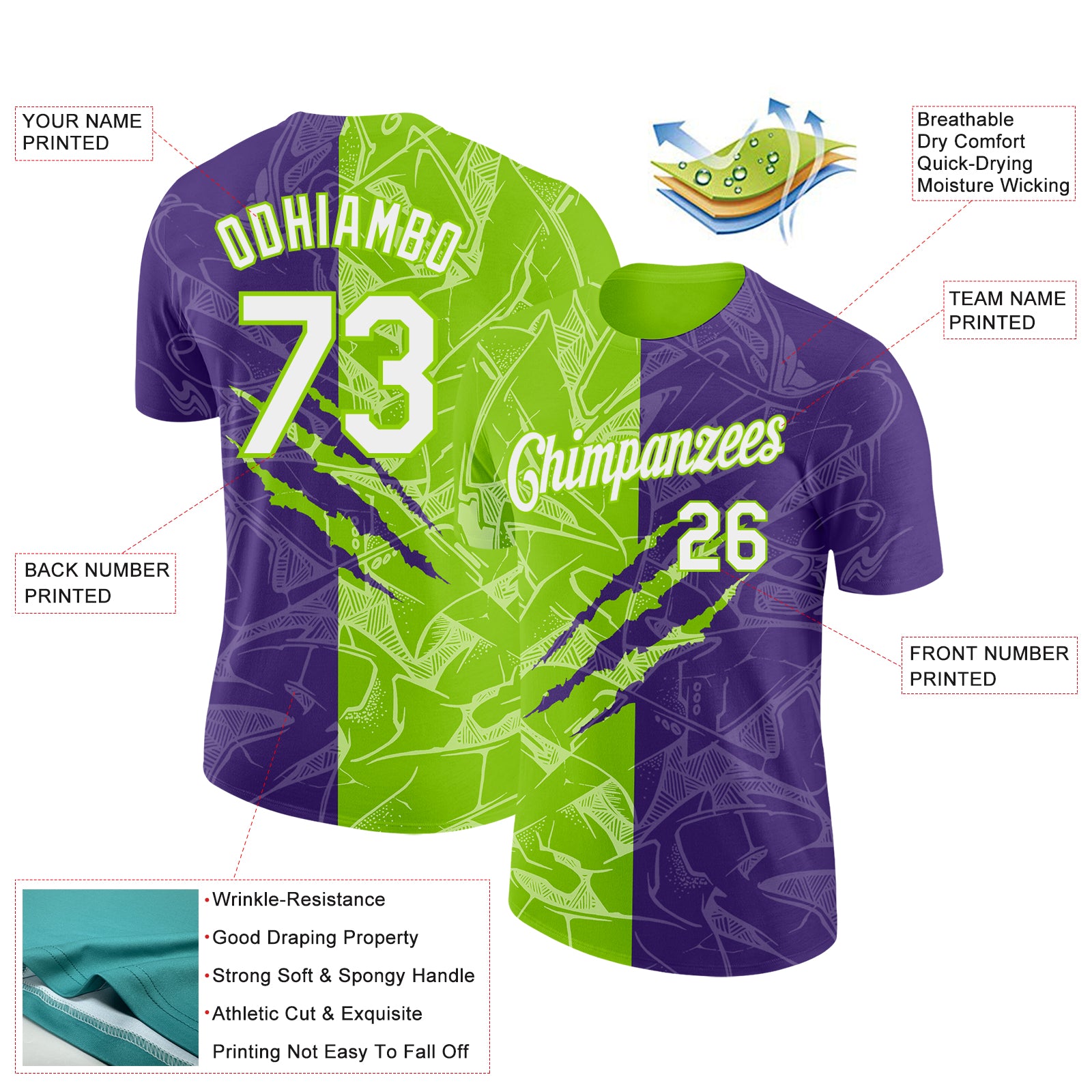 Custom Graffiti Pattern White Purple-Neon Green Scratch 3D Performance T-Shirt