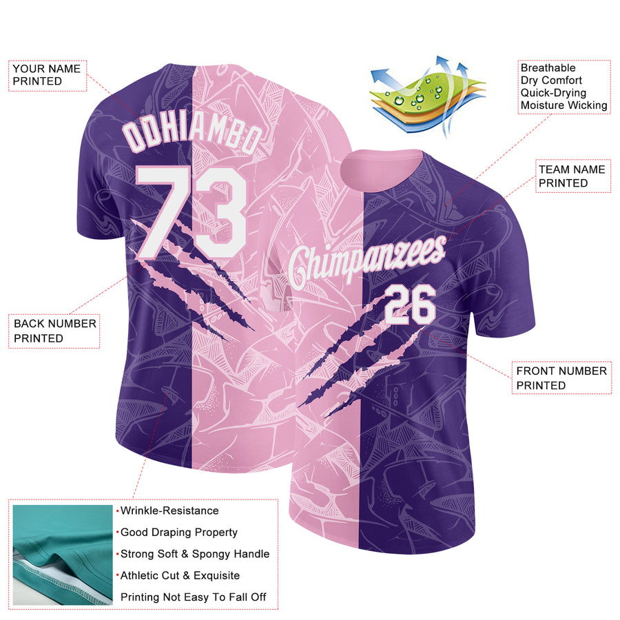 Custom Graffiti Pattern White Purple-Light Pink Scratch 3D Performance T-Shirt