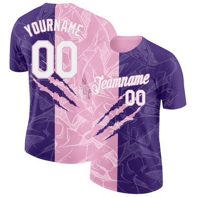Custom Graffiti Pattern White Purple-Light Pink Scratch 3D Performance T-Shirt