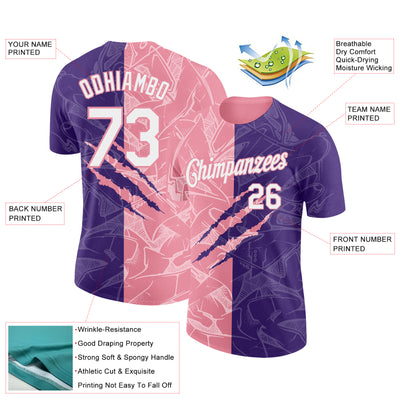 Custom Graffiti Pattern White Purple-Medium Pink Scratch 3D Performance T-Shirt