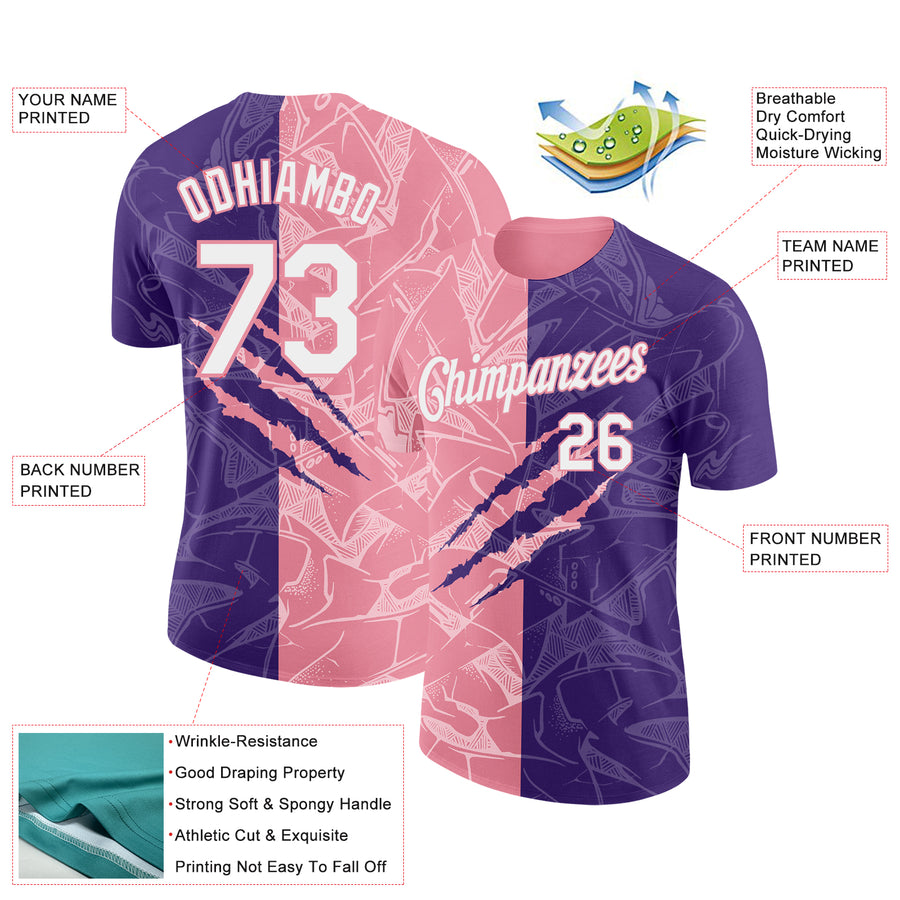 Custom Graffiti Pattern White Purple-Medium Pink Scratch 3D Performance T-Shirt