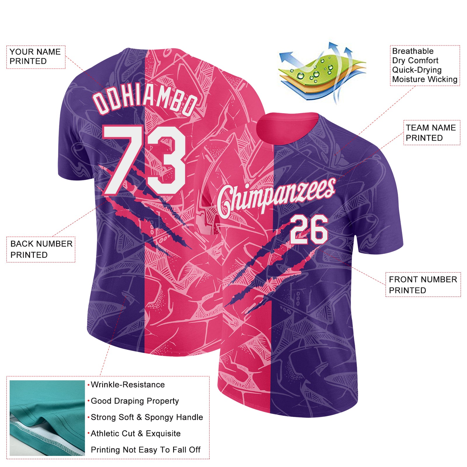 Custom Graffiti Pattern White Purple-Neon Pink Scratch 3D Performance T-Shirt