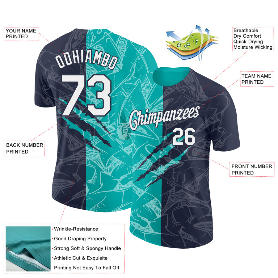 Custom Graffiti Pattern White Navy-Aqua Scratch 3D Performance T-Shirt
