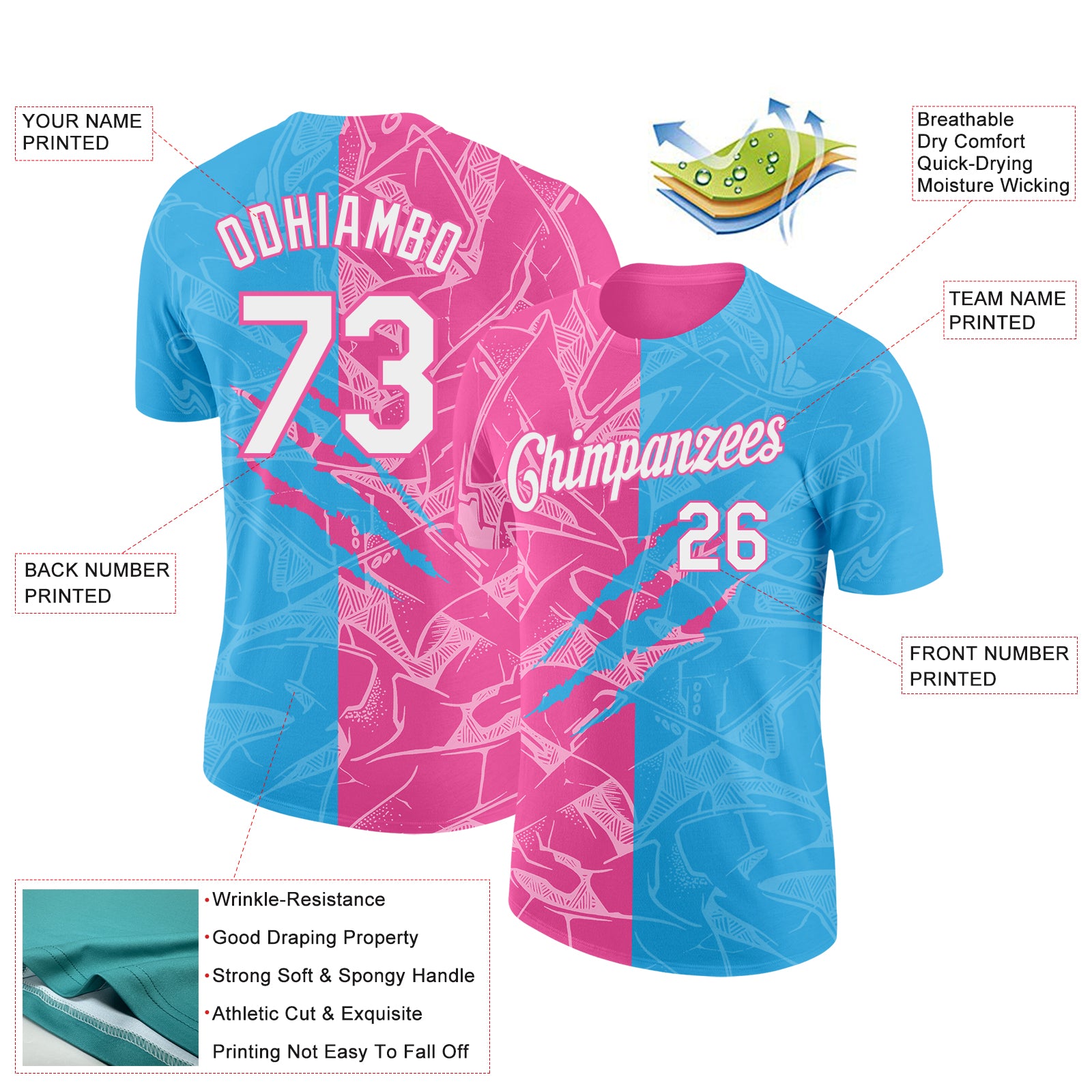 Custom Graffiti Pattern White Sky Blue-Pink Scratch 3D Performance T-Shirt