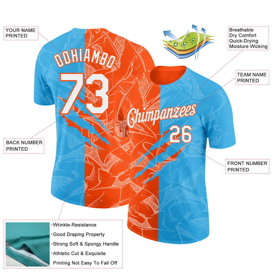Custom Graffiti Pattern White Sky Blue-Orange Scratch 3D Performance T-Shirt