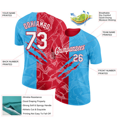 Custom Graffiti Pattern White Sky Blue-Red Scratch 3D Performance T-Shirt