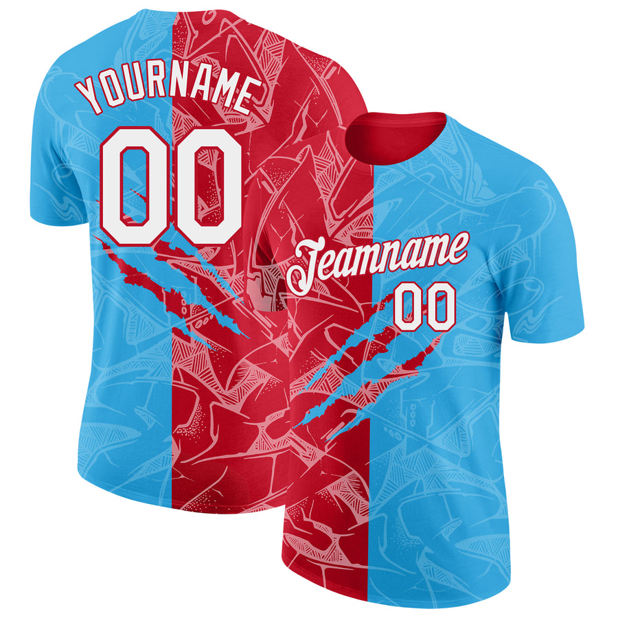 Custom Graffiti Pattern White Sky Blue-Red Scratch 3D Performance T-Shirt