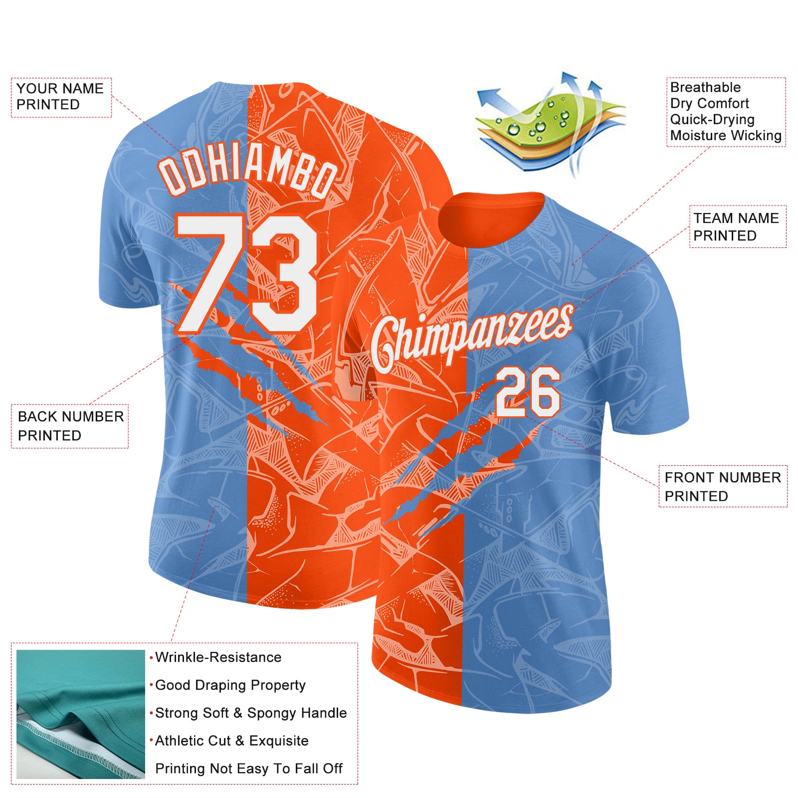 Custom Graffiti Pattern White Light Blue-Orange Scratch 3D Performance T-Shirt