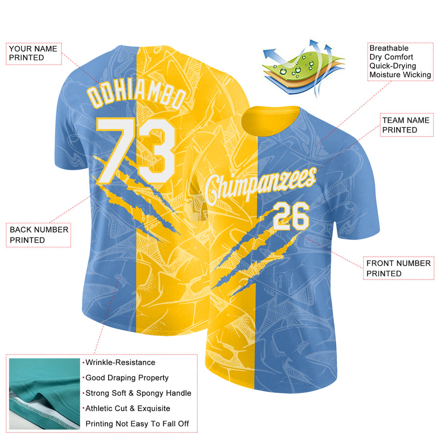 Custom Graffiti Pattern White Light Blue-Yellow Scratch 3D Performance T-Shirt