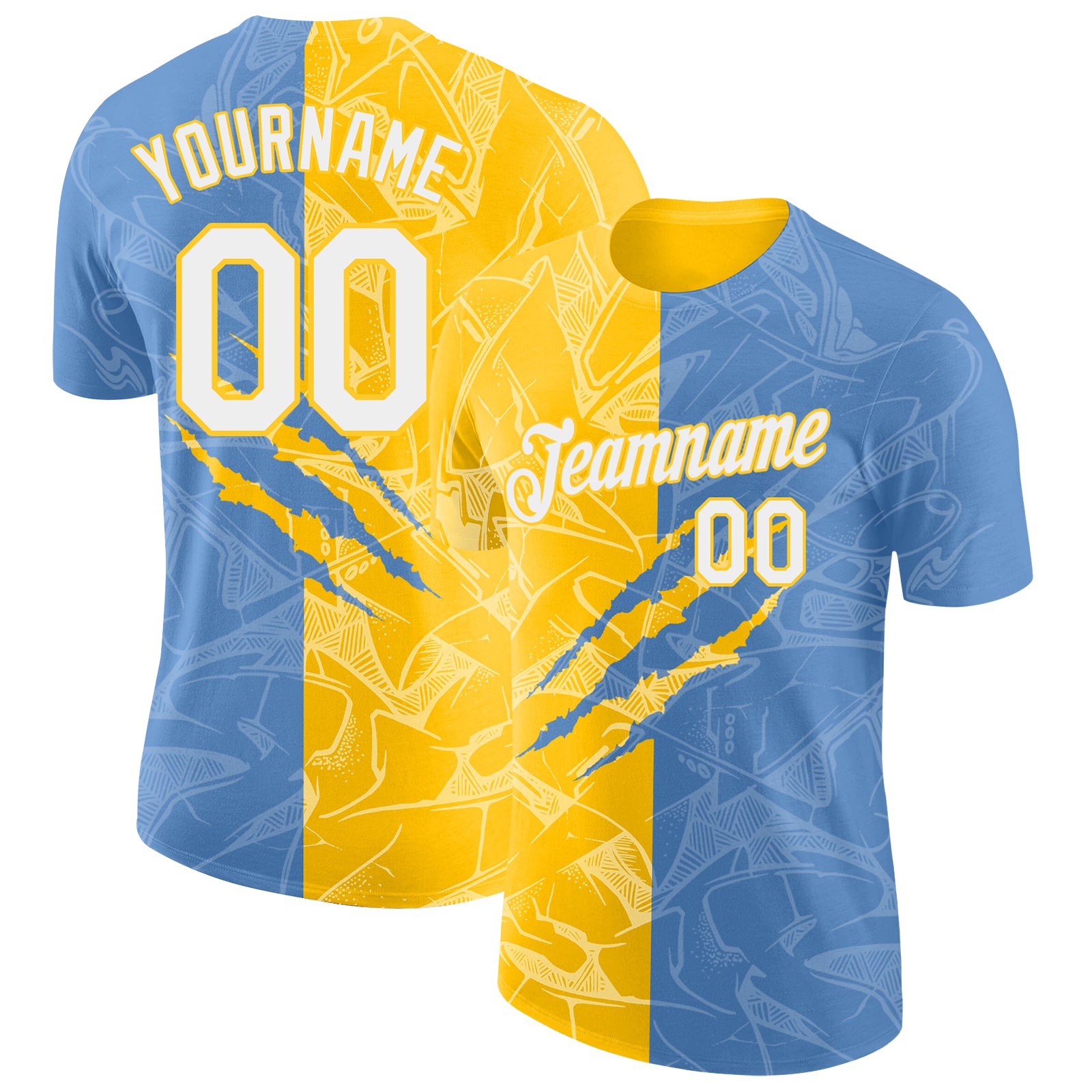Custom Graffiti Pattern White Light Blue-Yellow Scratch 3D Performance T-Shirt