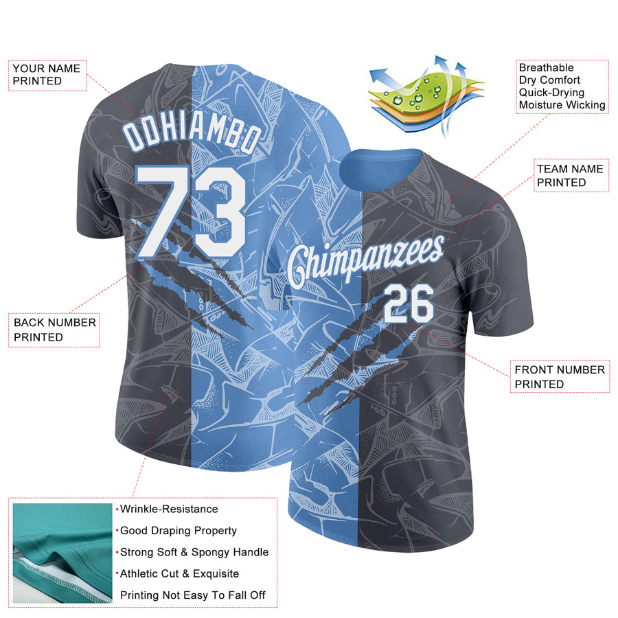 Custom Graffiti Pattern White Steel Gray-Light Blue Scratch 3D Performance T-Shirt