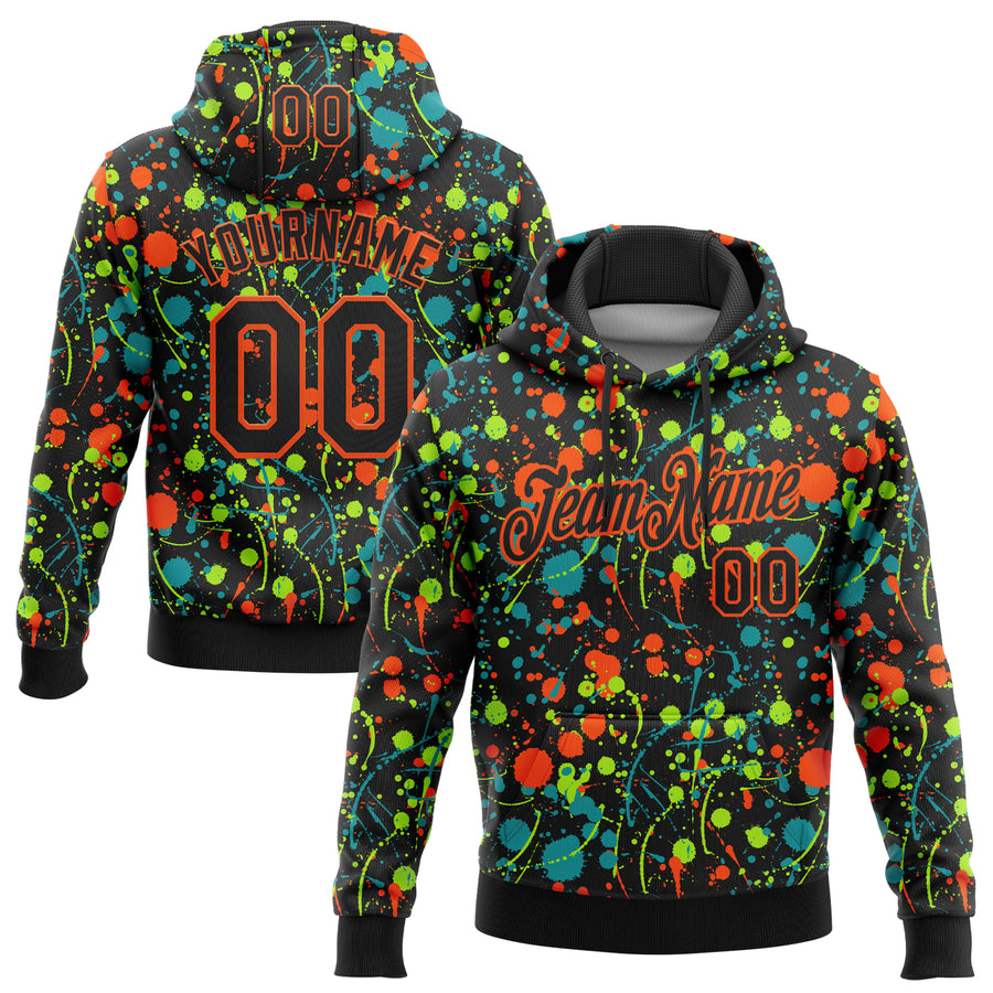 Custom Stitched Graffiti Pattern Black-Orange 3D Splash Grunge Art Sports Pullover Sweatshirt Hoodie