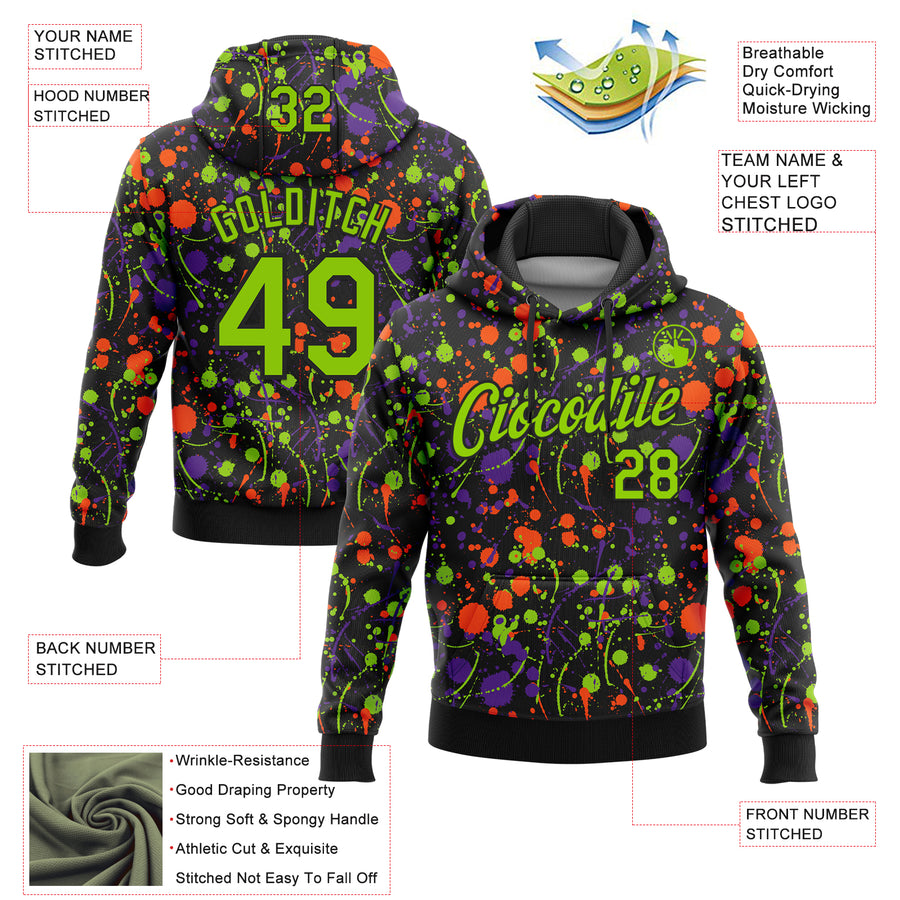 Custom Stitched Graffiti Pattern Neon Green-Black 3D Splash Grunge Art Sports Pullover Sweatshirt Hoodie