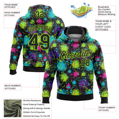 Custom Stitched Graffiti Pattern Black-Neon Green 3D Splash Grunge Art Sports Pullover Sweatshirt Hoodie