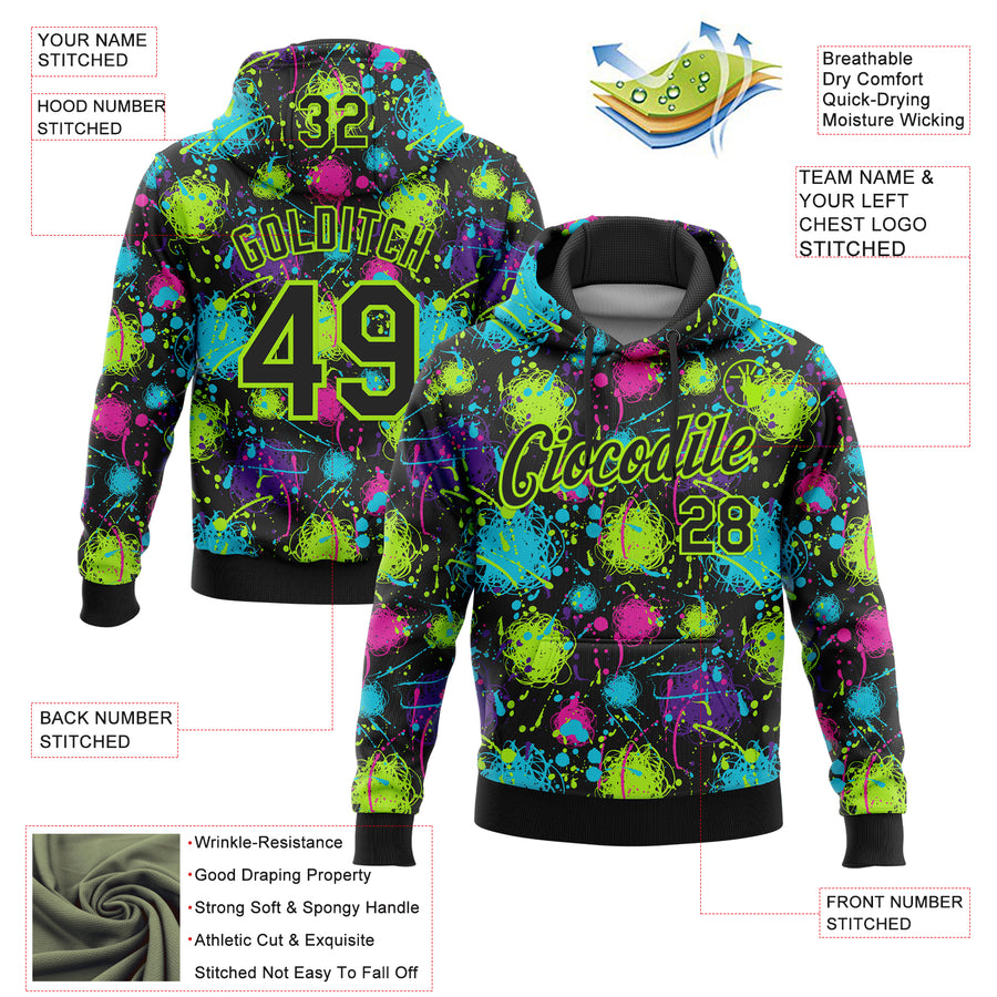 Custom Stitched Graffiti Pattern Black-Neon Green 3D Splash Grunge Art Sports Pullover Sweatshirt Hoodie