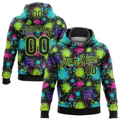Custom Stitched Graffiti Pattern Black-Neon Green 3D Splash Grunge Art Sports Pullover Sweatshirt Hoodie