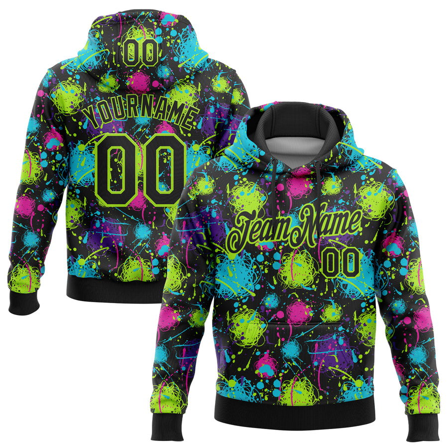 Custom Stitched Graffiti Pattern Black-Neon Green 3D Splash Grunge Art Sports Pullover Sweatshirt Hoodie