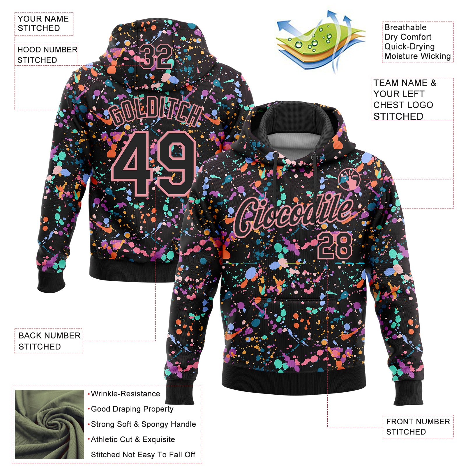 Custom Stitched Graffiti Pattern Black-Medium Pink 3D Splash Grunge Art Sports Pullover Sweatshirt Hoodie