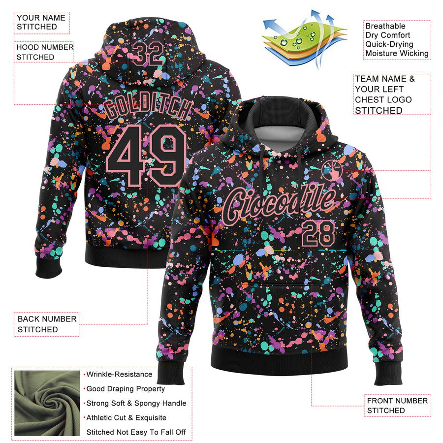 Custom Stitched Graffiti Pattern Black-Medium Pink 3D Splash Grunge Art Sports Pullover Sweatshirt Hoodie