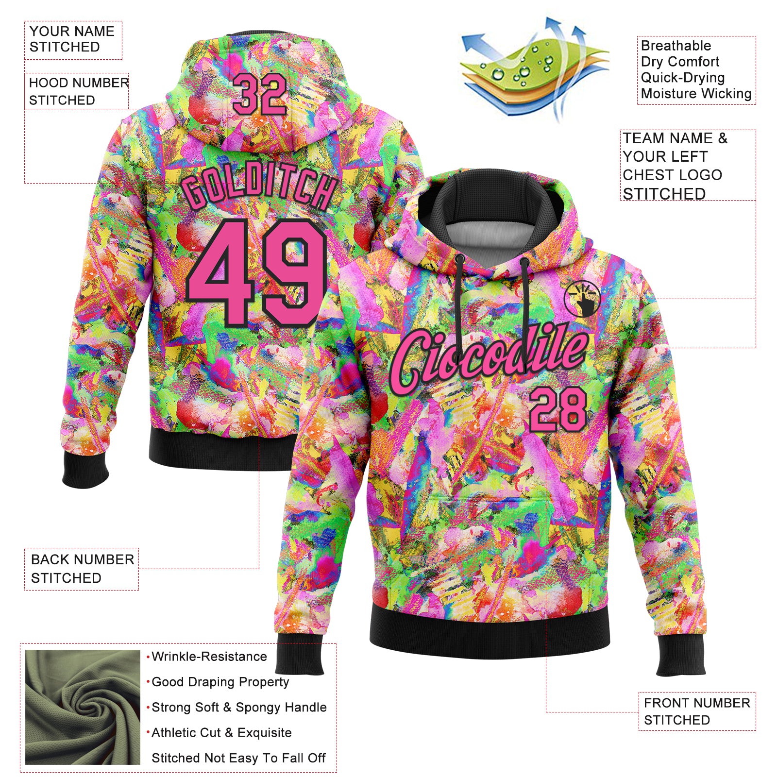 Custom Stitched Graffiti Pattern Pink-Black 3D Watercolor Grunge Art Sports Pullover Sweatshirt Hoodie