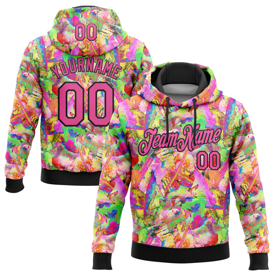 Custom Stitched Graffiti Pattern Pink-Black 3D Watercolor Grunge Art Sports Pullover Sweatshirt Hoodie